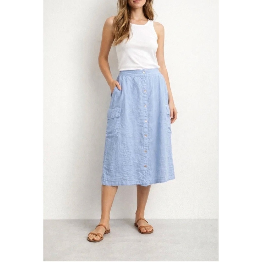 C&C California Light Blue 100% Linen Cargo Midi Skirt Button Front Womens Medium